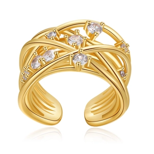 Minimalist gold wave wrap ring with multi-layer cross design and white zircon stones