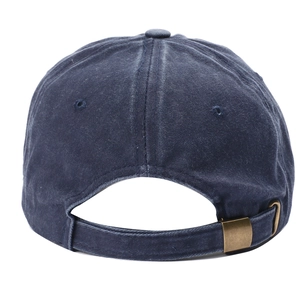 Detail of navy blue washed cotton baseball cap with adjustable antique bronze buckle