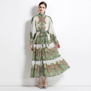 Floral print long sleeve maxi dress with stand collar and button front details