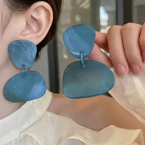 Elegant blue marble acrylic geometric drop earrings with silver needles for women