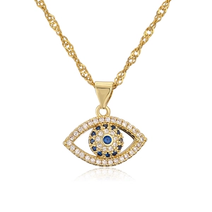18K gold plated evil eye pendant necklace with blue and clear zircon stones on white base