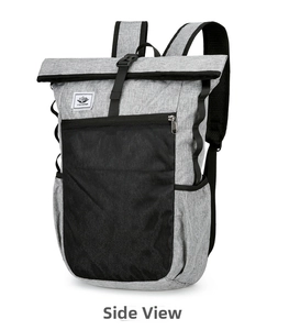 Detail view of water-resistant roll-top backpack with mesh pocket and side straps