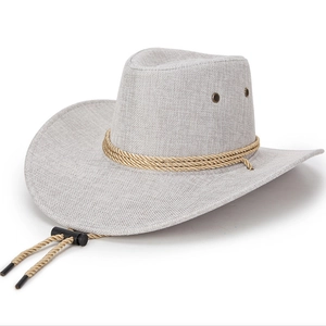 Western linen cowboy hat with triple rope band and chin strap for sun protection