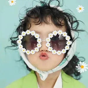 Kids Sunglasses Daisy Flower Round Frame UV400 Protection Transparent PC AC Lenses Fashion Cute For Girls Outdoor