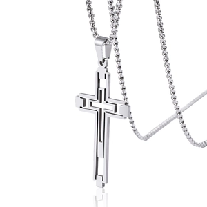 Hip hop style silver hollow cross pendant necklace made of stainless steel with bead chain