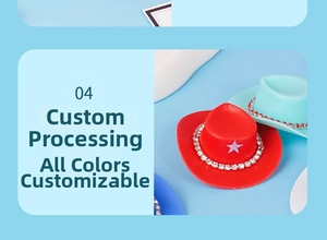 Close-up of mini doll cowboy hats featuring rhinestone trim and star motif in vibrant colors