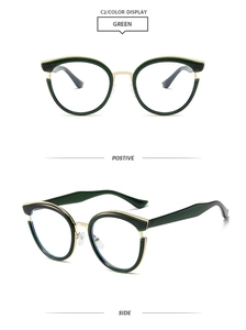 Close-up of green and gold TR90 glasses frames from both positive and side angles
