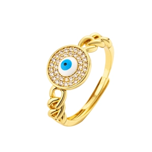 Adjustable gold chain ring featuring a blue evil eye motif with sparkling cubic zirconia