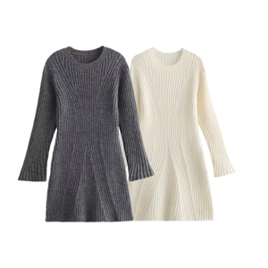Detailed close-up of vertical ribbed texture on long sleeve knitted A-line dress