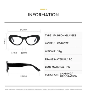 Size chart for cat eye glasses frame showing total width 142mm and temple length 135mm