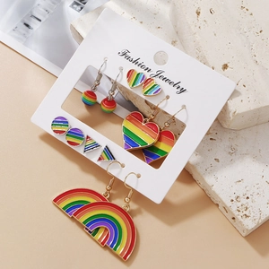Alloy Enamel Rainbow Heart Earrings Colorful Geometric Stud Ear Jewelry For Women Fashion Gift