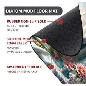 Close-up of three-layer floral diatomite mat with non-slip rubber backing and water absorption