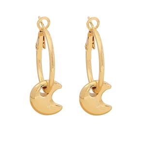 Minimalist golden round hoop earrings with crescent moon pendants on white background