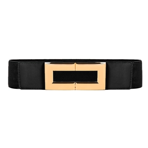 Elastic black waist belt for women with a polished gold rectangular metal buckle