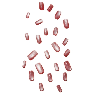 Elegant rose pink cat-eye press-on nails set with magnetic shimmer on white background