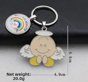 Detail view of Schulkind metal keychain with dimensions 4.4cm x 4.9cm and angel charm