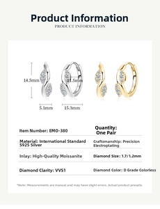 Detailed view of S925 silver leaf earrings with Moissanite VVS1 D and size specs