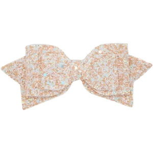 Macro detail of high-quality glitter fabric on champagne and peach bow accessory