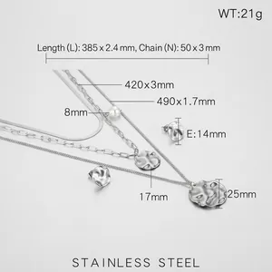 Macro view showing hammered stainless steel circle pendants and multi-layer chain details