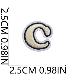 Detailed view of letter C embroidered patch with precise 2.5cm size dimensions shown