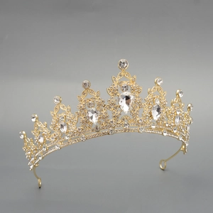 Luxurious gold crown for women with crystal rhinestones and teardrop jewels for weddings