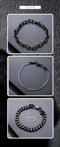 Set dettagliato di tre bracciali neri in acciaio inox: catena a O, serpente e maglia cubana