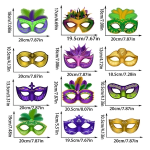 Set of 12 Mardi Gras masquerade masks in gold purple and green with size dimensions