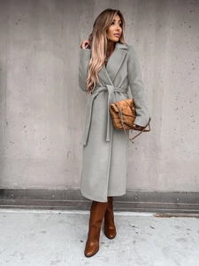 Detailed texture of light grey wool overcoat with lapel collar and waist tie belt