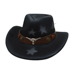 Western Cowboy Hat Polyester Felt Fedora With Faux Leather Band Metal Bull Head Ornament Star Print Retro Style Men Women