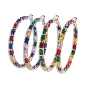 Chic silver and gold hoop earrings with multi-colored rectangular zircon stones