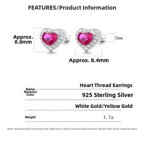 Detailed view of 925 sterling silver heart earrings with red zircon and size specifications