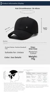 Guide des tailles pour casquette en coton montrant une circonférence de 56-60cm et détails
