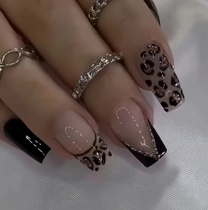 Faux Ongles Longs Cercueil Imprimé Léopard French Noir Rose Nude Avec Strass Mode Ongles Amovibles Pour Femmes
