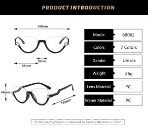 Detailed size specifications for cat-eye half-frame glasses with diamond accents