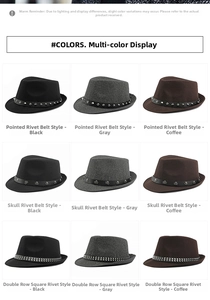 Felt fedora hats collection in black, grey and coffee with various rivet belt buckles