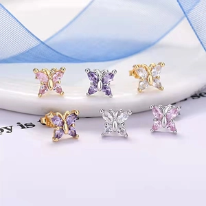 Korean Sweet Butterfly Stud Earrings With 925 Sterling Silver Earring Post Copper Rhinestone Jewelry For Women Gift