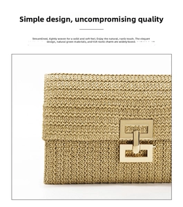 Close-up of woven straw handbag featuring a polished gold geometric clasp closure