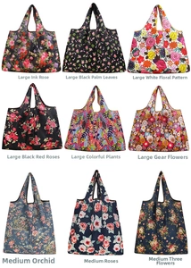 Detail showing nine foldable floral shopping bags in various sizes and plant patterns