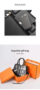 Detail of printed PU leather tote with back zipper pocket and butterfly charm accessory