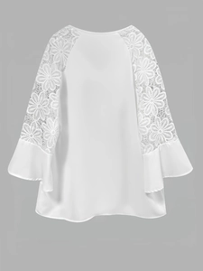 Weißes Dreiviertelarm-Shirt mit floralem Spitzenbesatz und glatter Stoffbeschaffenheit