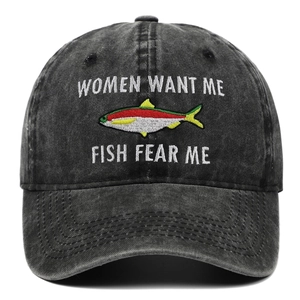 Women Want Me Fish Fear Me Baseball Cap Washed Cotton Distressed Vintage Fishing Hat Adjustable Outdoor Dad Hat