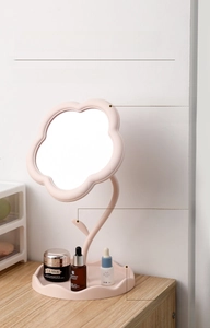 Miroir de table tournesol rose avec crochets à bijoux et base de rangement ronde