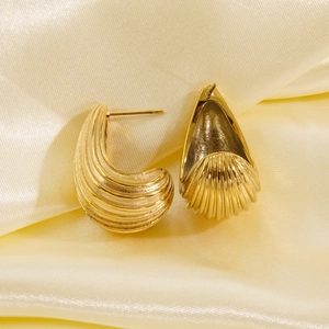 Elegant 14K gold-plated stainless steel teardrop earrings with ribbed texture on silk