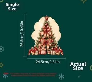 Size guide for Christmas tree wall decal showing dimensions of 26.5x24.5 cm with details