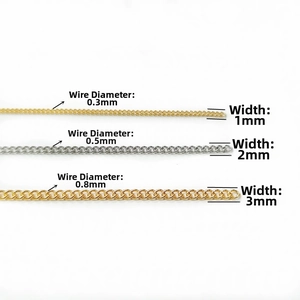 Macro detail of 18K gold and silver cross chains in 1mm, 2mm, and 3mm width specifications