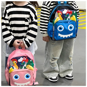 Kids cartoon monster backpacks in pink and blue colors shown by child models