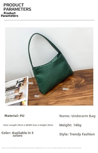 Detail view of a green woven PU underarm bag with 29x5x20cm size specifications