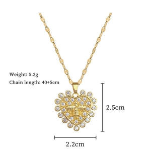 Detail of gold heart pendant necklace with bee relief, stones, and size dimensions