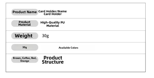 Detailed specification chart for PU leather card holder showing 26 card slots and colors