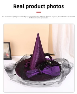Detail of purple witch hat with black feathers, mesh netting and small spider decorations